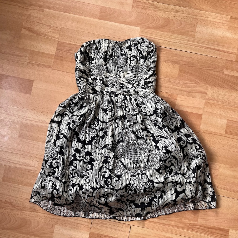 Anna Sui 100% silk Black / Cream Strapless Dress corset boning Y2K Vintage XS